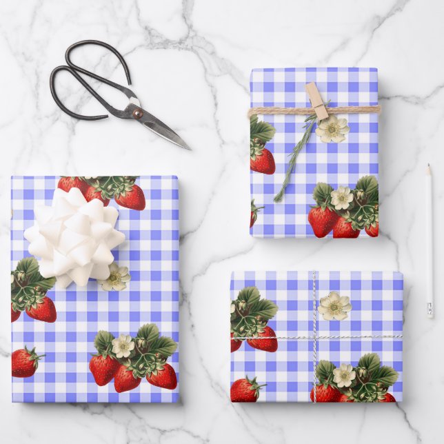 Papier d'emballage à la fraise sur gingham bleu (Recto)