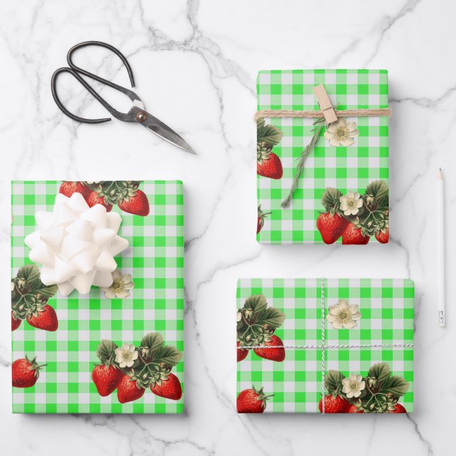Papier d'emballage à motif de fraise sur gingham v (Recto)