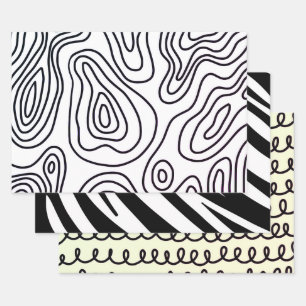Papier d'emballage à motif gribouillé noir et blan