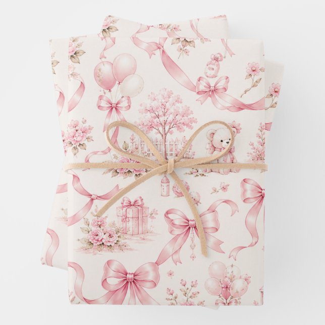Papier d'emballage à ruban rose moderne | Rubans C (En situation)