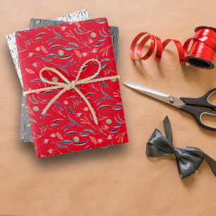 Papier d'emballage blanc gris-rouge motif botaniqu