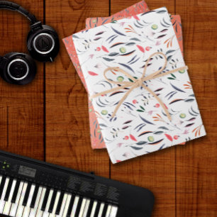 Papier d'emballage blanc orange motif botanique