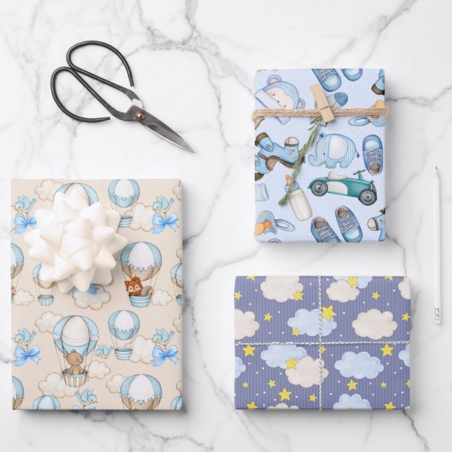 papier d'emballage bleu baby shower (Recto)