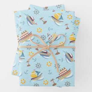 Papier d'emballage bleu de bateaux amusants