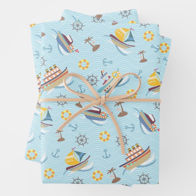 Papier d'emballage bleu de bateaux amusants (En situation)