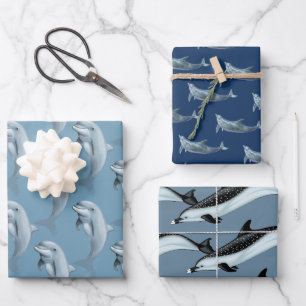 Papier d'emballage bleu motifs dauphins