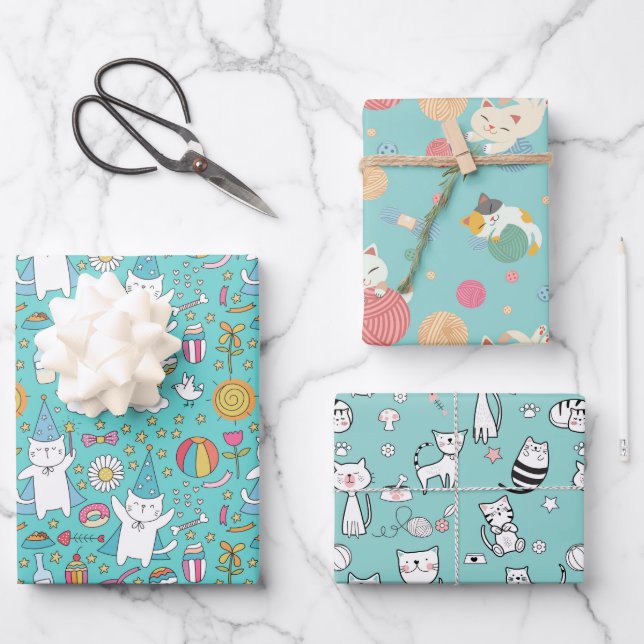 Papier d'emballage bleu Party Cats (Recto)