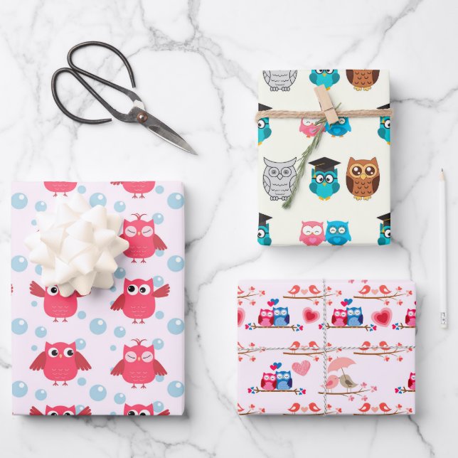 papier d'emballage cadeau à thème hibou rose et ja (Recto)