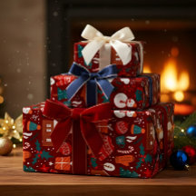 Papier d'emballage cadeau de Noël rouge avec Ico f