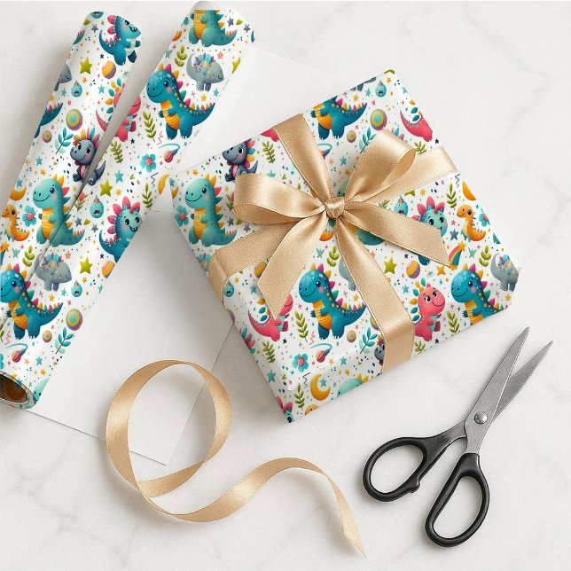 Papier d'emballage cadeau dinosaure bébé mignon sa (Cute Baby Dinosaur Teal Dino Gift Wrapping Paper)