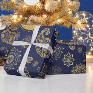 Papier d'emballage cadeau Diya Diwali bleu foncé e