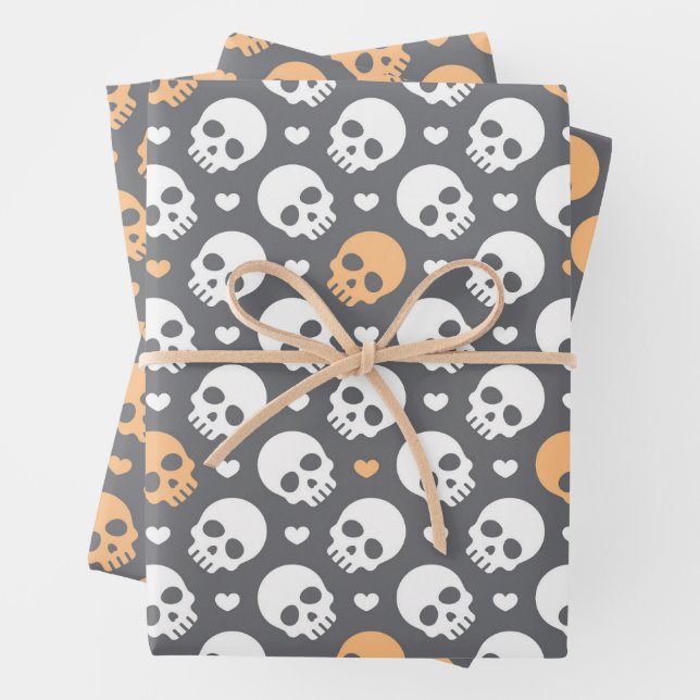 Papier d'emballage Crânes et Cœurs d'Halloween (En situation)