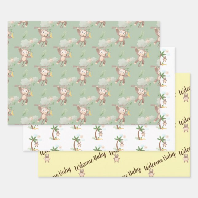 Papier d'emballage de Baby shower de singe (Lot)