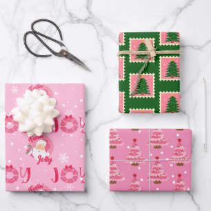 Papier d'emballage de Noël rose et vert moderne