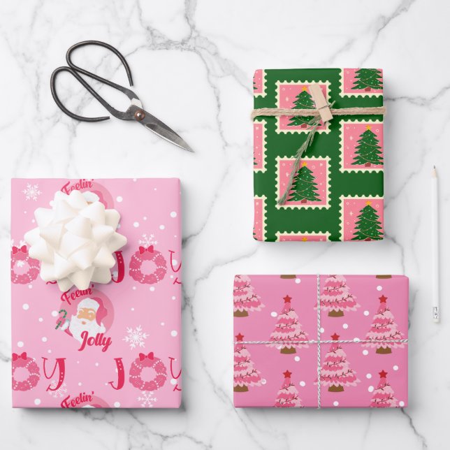 Papier d'emballage de Noël rose et vert moderne (Recto)