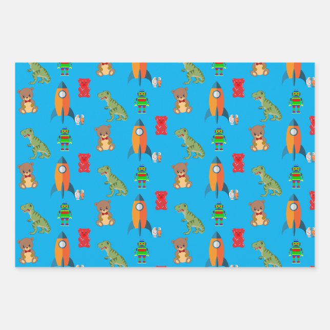 Papier d'emballage Dinosaures, Fusées et Ours (Devant)