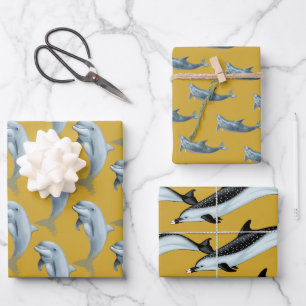 Papier d'emballage doré motifs dauphin