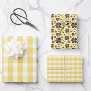 Papier d'emballage écossais fleurs jaunes marron