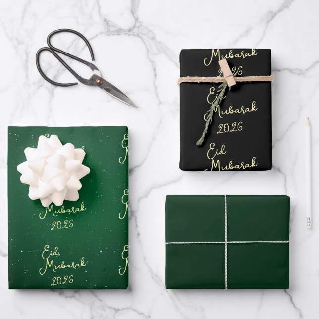 Papier d'emballage élégant vert Eid Mubarak joyeux (Recto)