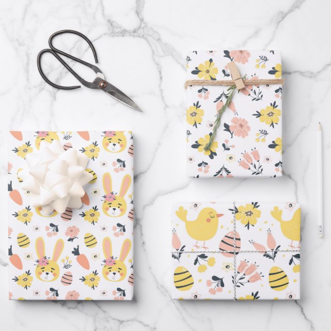 Papier d'emballage Ensemble de 3 lapins de printem (Recto)