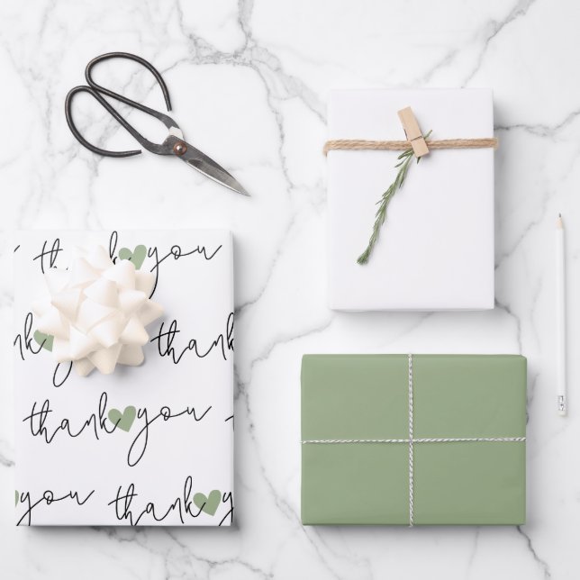 Papier d'emballage ensemble de 3 Merci Cœur Vert B (Recto)