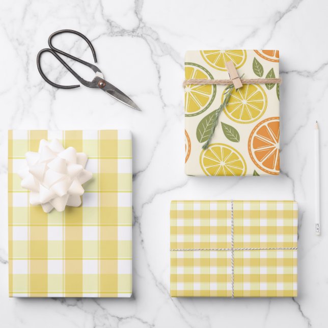 Papier d'emballage ensemble tartan jaune citron (Recto)