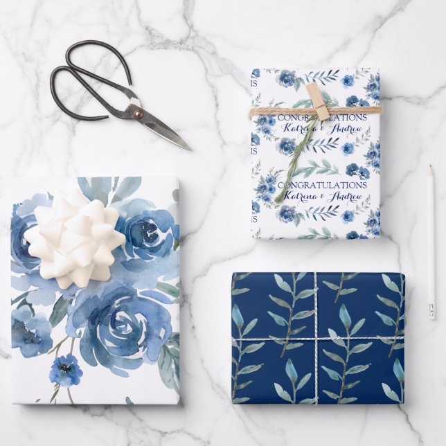Papier d'emballage feuilles de rose bleue Félicita (Recto)