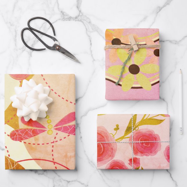 Papier d'emballage fleur rose beige abstrait Rétro (Recto)