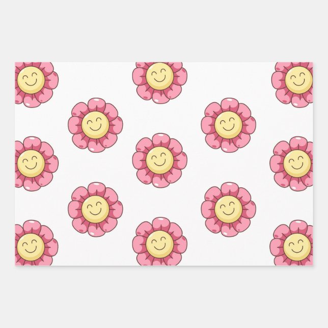 Papier d'emballage Fleur Smiley Mignonne – Rose (Devant)
