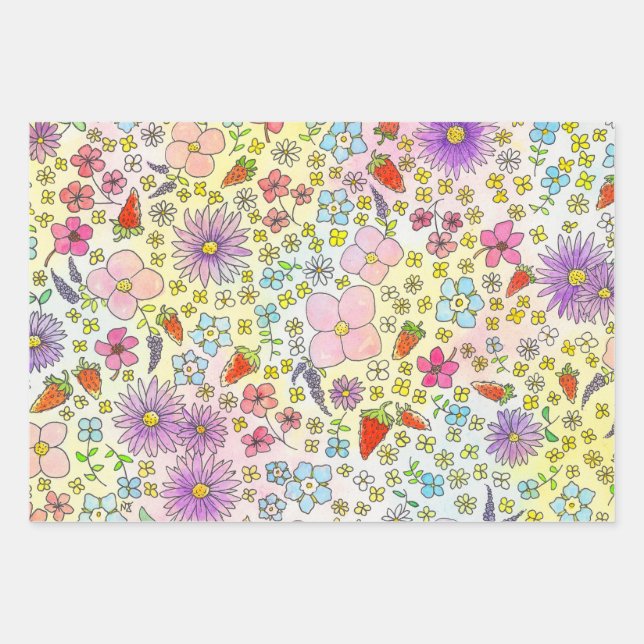 Papier d'emballage Fleurs et Fraises (Devant)