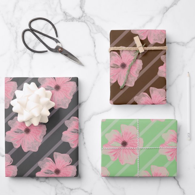 Papier d'emballage Fleurs roses et rayures (Recto)