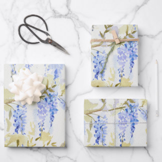 Papier d'emballage floral bleu wisteria aquarelle