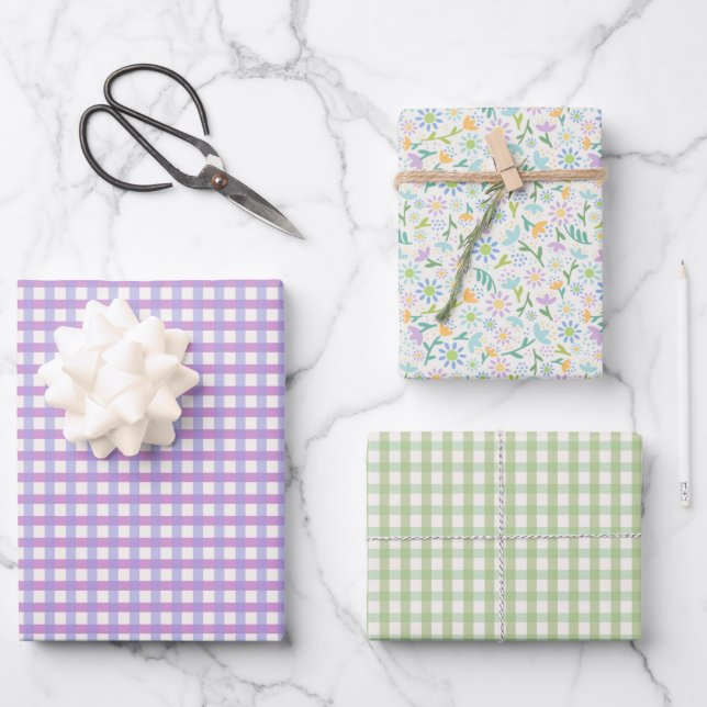 Papier d'emballage floral et Gingham violet Sh (Recto)