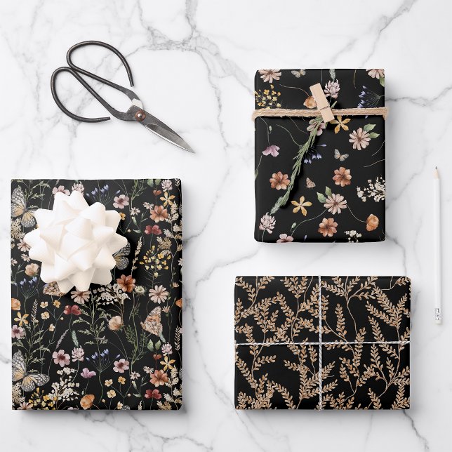 Papier d'emballage floral noir (Black Boho Floral Wrapping Paper Collection by Painted Paperie
)