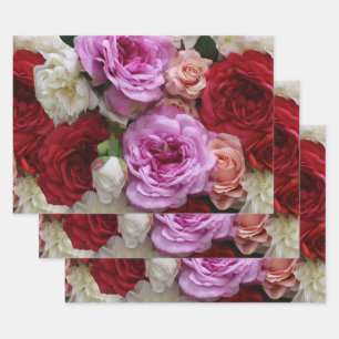 Papier d'emballage floral rose et rouge, 3 feuille