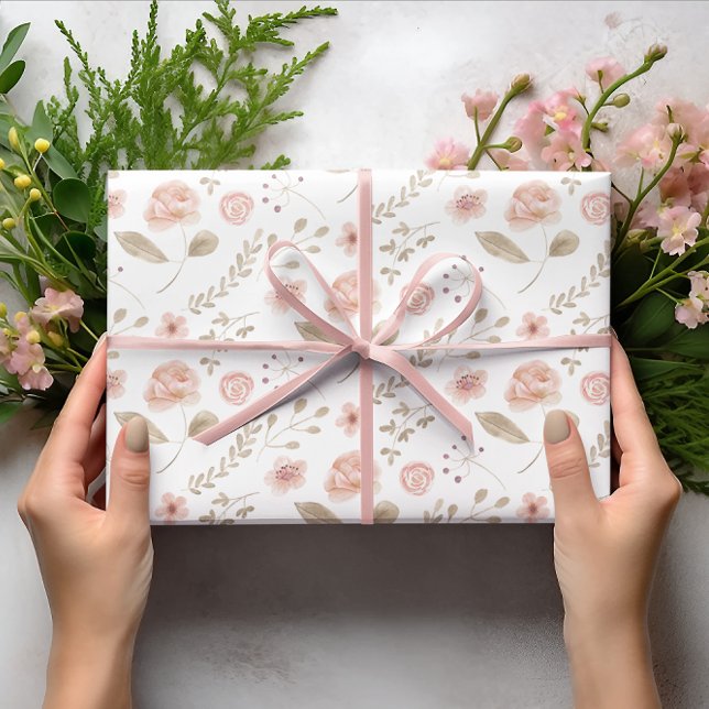 Papier d'emballage floral rose saumon Feuille plat (Celebrate someone special with these watercolor blush floral wrapping paper sheets! )