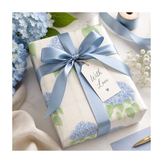 Papier d'emballage Hydrangea Bleu Cadeau Floral (Soft blue hydrangea gift wrap with silky ribbon—perfect for elegant, heartfelt gifting moments)