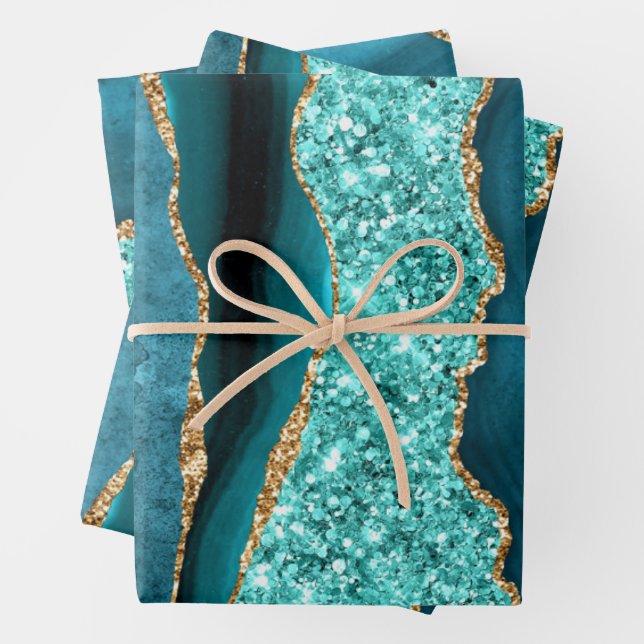 Papier d'emballage pailleté bleu sarcelle or (En situation)