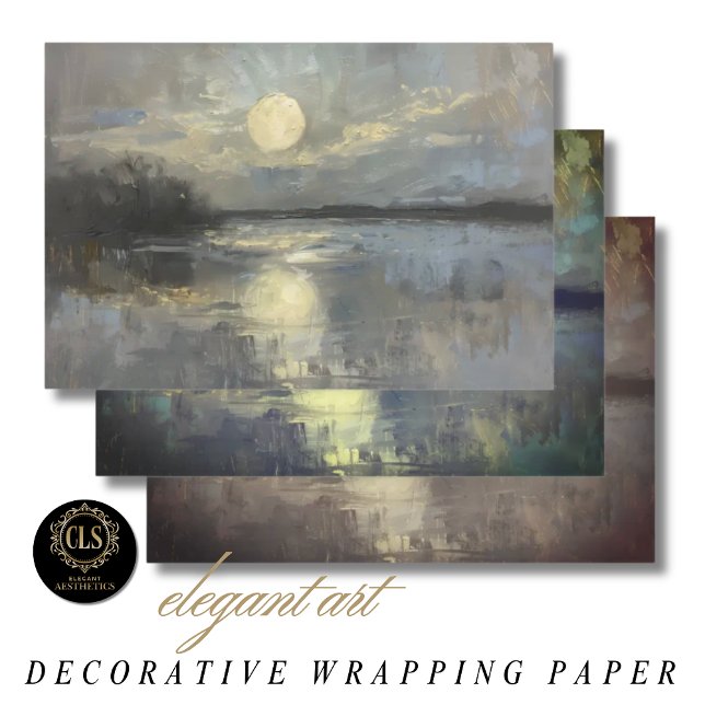 Papier d'emballage - Paysage au clair de lune en a (Wrapping Paper - Moonlit Landscape in Watercolor)