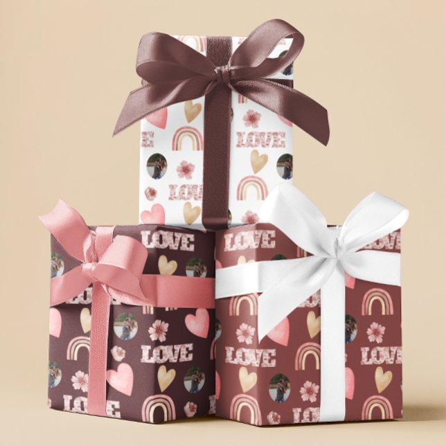 Papier d'emballage photo arc-en-ciel Boho Love (Celebrate your love with these personalized photo boho watercolor rainbow wrapping paper sheets! )