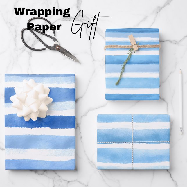 Papier d'emballage rayé aquarelle bleu (Blue Watercolor Stripe Wrapping Paper Sheets)