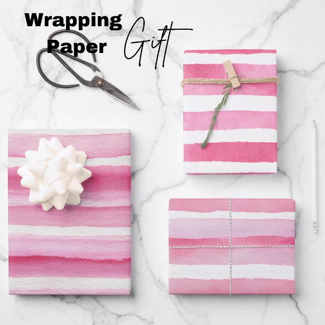 Papier d'emballage rayé aquarelle rose (Pink Watercolor Stripe Wrapping Paper Sheets)