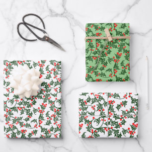 Papier d'emballage rustique au houx vert avec des 