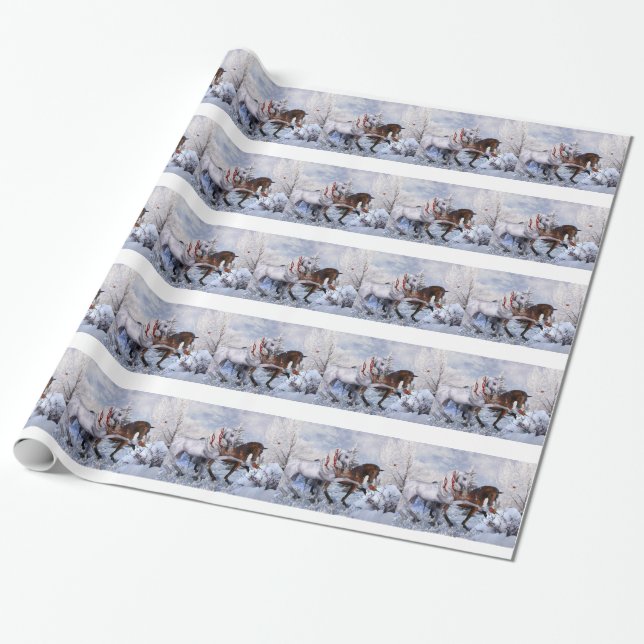 Papier d'enveloppe de cadeau de chevaux de Noël (Déroulé)
