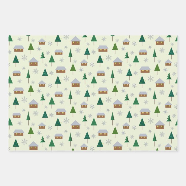 Papier d'enveloppement avec sapins et maisons (Devant)
