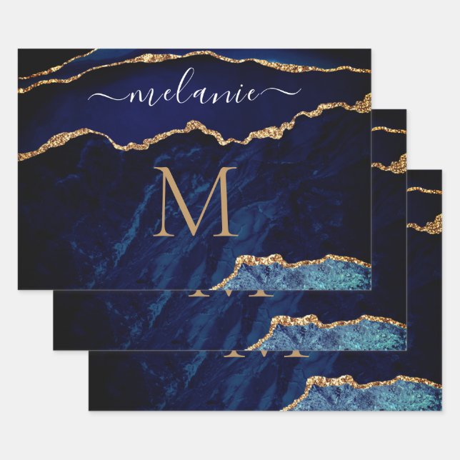 Papier d'enveloppement de marbre bleu or Nom perso (Lot)