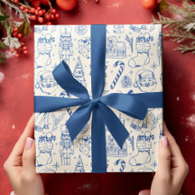 Papier d'enveloppement de Noël Retro Blue Doodle