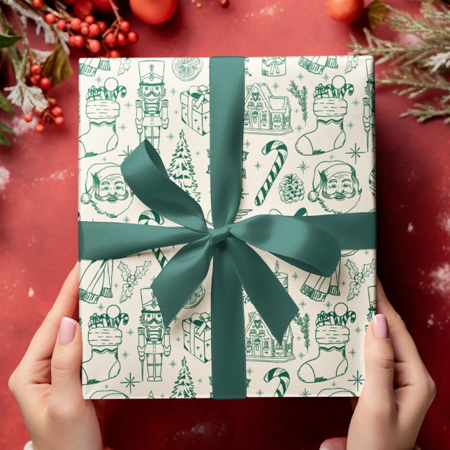 Papier d'enveloppement de Noël Retro Green Doodle (Créateur téléchargé)