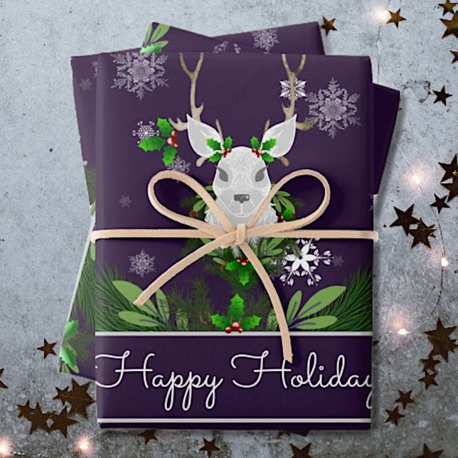 Papier d'enveloppement de rennes violets (Purple Reindeer Wrapping Paper Sheets)
