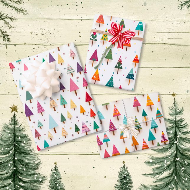 Papier d'enveloppement des arbres de Noël rétro (Cute Retro Christmas Trees Wrapping Paper Set of 3 sheets)